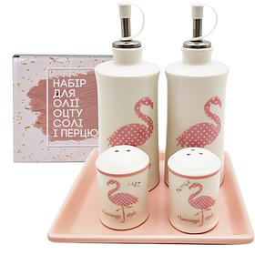 700-06-13 Набір 5 предметів (2 пляшки для олії та оцту, набір для солі та перцю на керамічній підставці) "Фламінго"