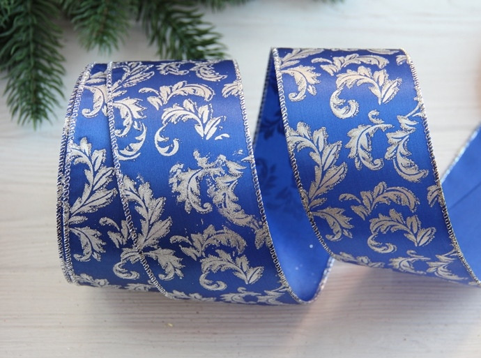 Стрічка новорічна 6,3 см "Завитки на атласі No 5", синя зі сріблом 5 метрів