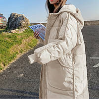 Женский ультрамодный зимний пуховик пальто длинный оверсайз теплый с капюшоном, 2023, бежевый (7530)