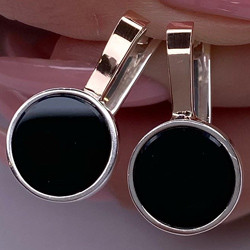 Срібні сережки з золотими накладками з каменем чорним РН-402, фото 1