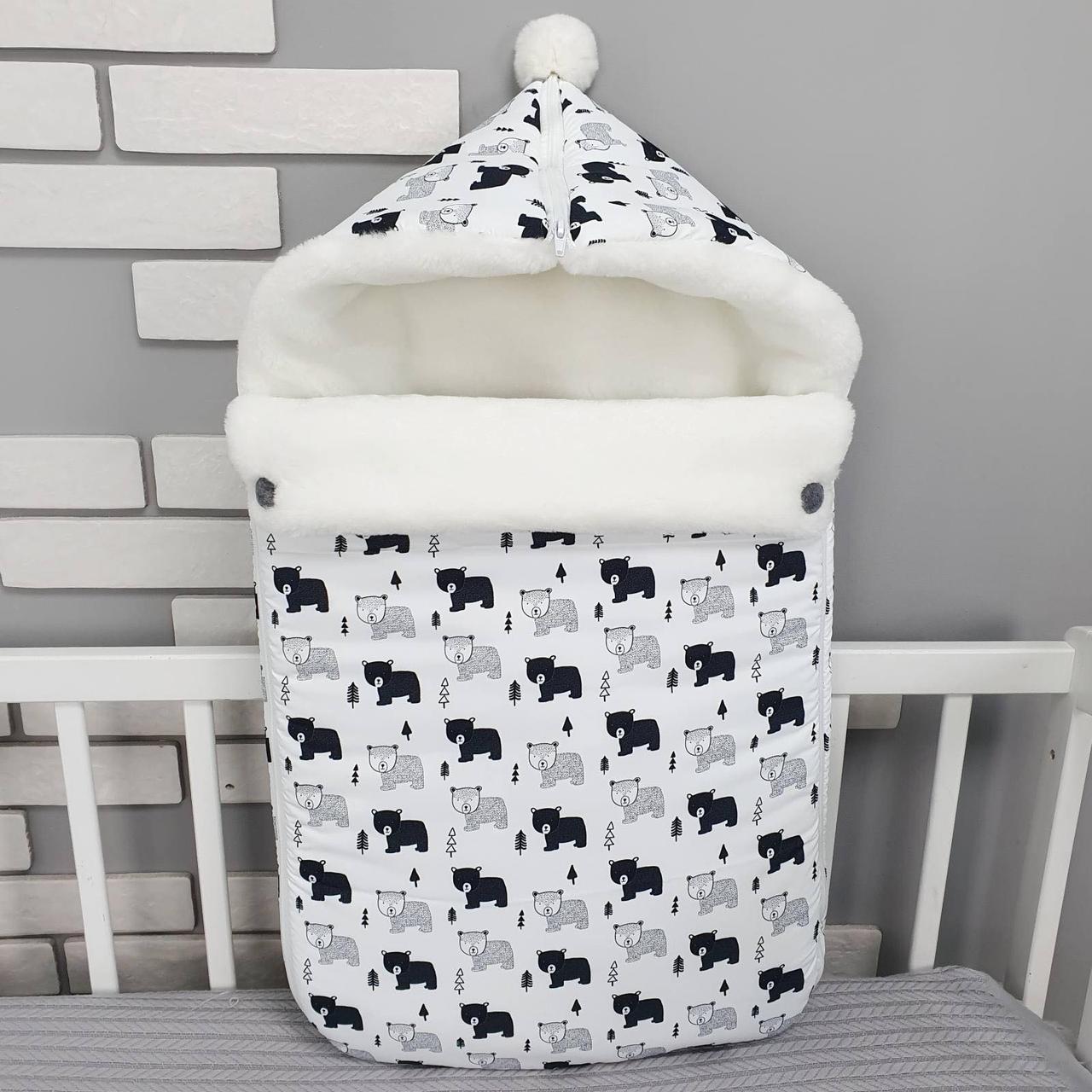 Зимовий конверт на виписку 2в1 чохол в коляску / дитячий спальник з непромокаючої преміум-плащової тканини та хутра