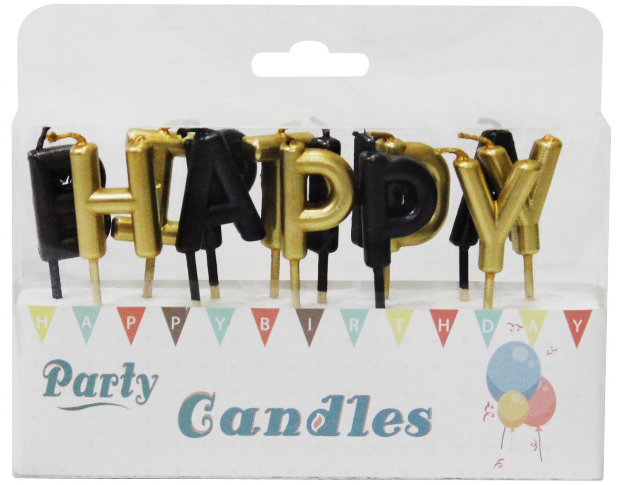 Свічки для торта "Happy Birthday" чорно-золоті