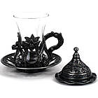 Набір чашок для чаю з підстаканниками Турецька Армуда чорна квітка, фото 3