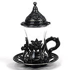 Набір чашок для чаю з підстаканниками Турецька Армуда чорна квітка, фото 2