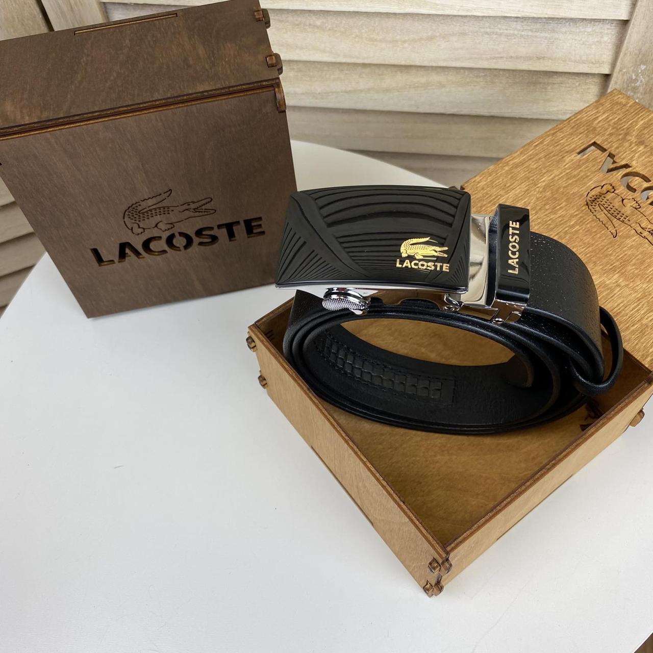 Кожаний чоловічий ремінь пряжка автомат у стилі Лакоста крокодил, чорний ремінь Laste натуральна шкіра, фото 1