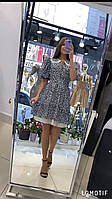 Женское синее летнее шифоновое платье с белым кружевом