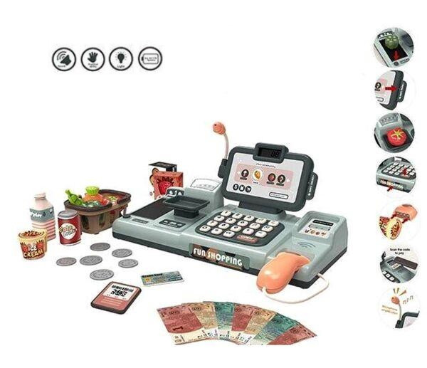 Касовий апарат 88980 "TK Group" на 25 предметів (сканер, ваги, касова стрічка, 25 мелодій), сірий