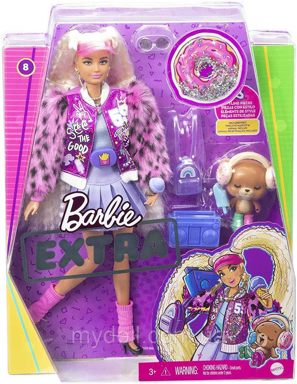 Лялька Барбі Екстра Barbie Extra Doll #8 модниця у блискучій куртці з пухнастими рукавами GYJ77