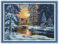 Великий набір для вишивання хрестиком "Зимовий пейзаж. Лісова річка V2" 74 х 56 см (з друком на канві)