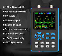 DSO2512G портативний осцилограф 2 канала х 120 МГц, FFT, + DDS  генератор, дисплей 2,8", фото 5
