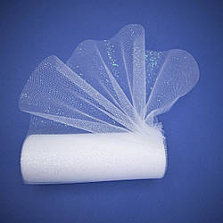 Фатин у рулонах з напиленням / колір білий + різнокольорові блискітки / ширина 14 см / у рулоні 9 метрів