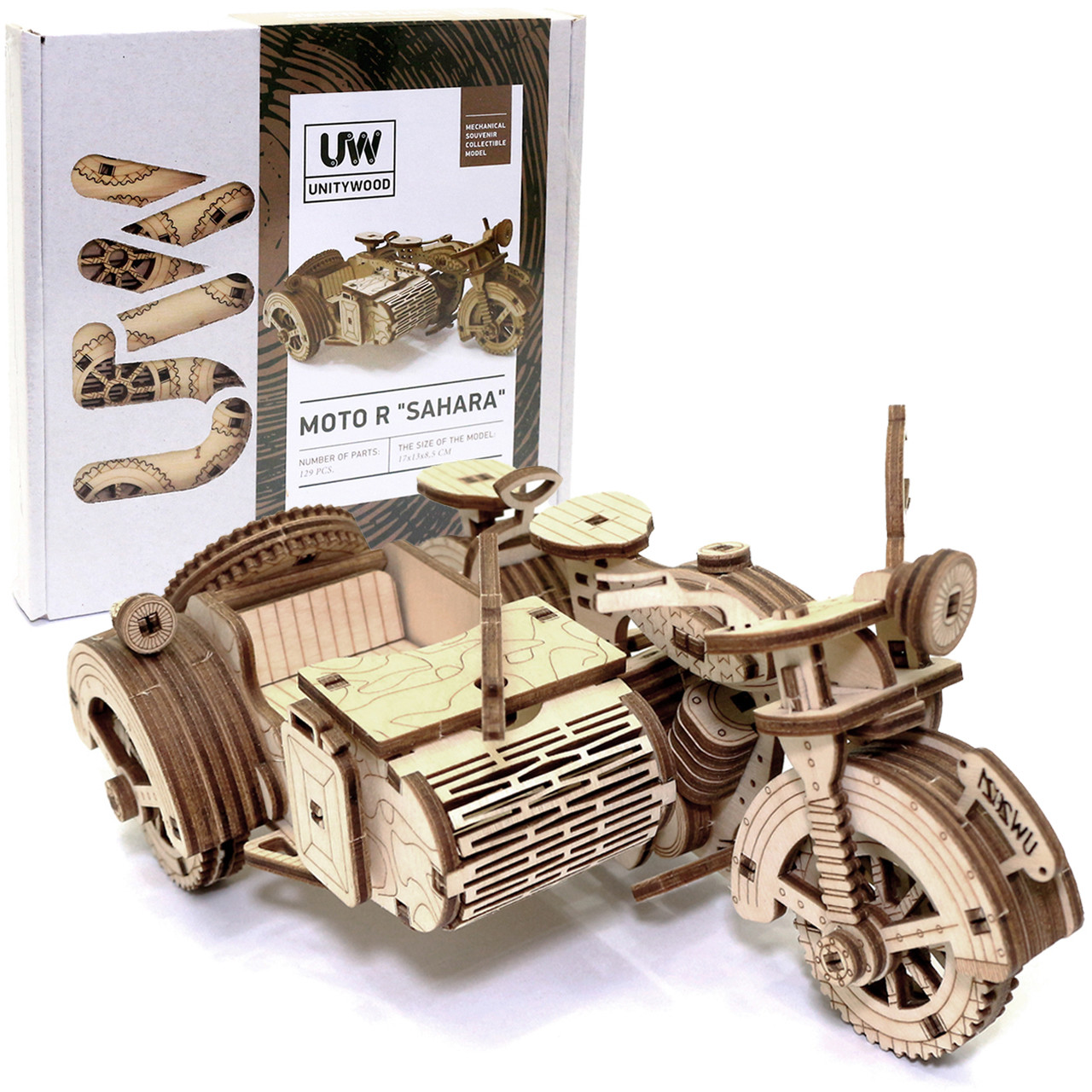 Дерев'яний конструктор Мотоцикл з коляскою UnityWood «Moto R Sahara» 3D пазл 129 деталей 17*13*8 см (UW-005), фото 1