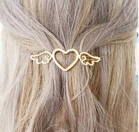 Красивое украшение для волос заколочка "Сердечко с крылышками " под золото