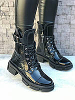 Лаковані чорні черевики-берці з натуральної шкіри з пряжкою, розмір від 36 до 41