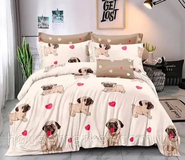 Комплект двоспального постільної білизни "Мопси" Тиротекс, Бязь Голд, 100% бавовна - фото 1 - id-p1505028283