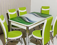 Обеденный стеклянный раздвижной комплект Турция 6 стульев зеленый, ножки хром