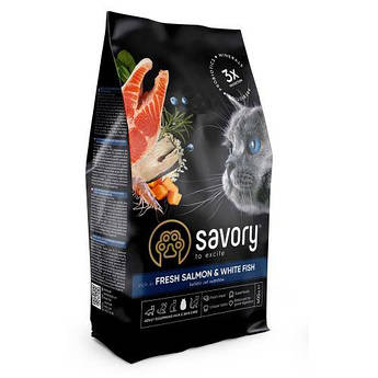 Сухий корм Savory для довгошерстих котів зі свіжим лососем і білою рибою, 2 кг