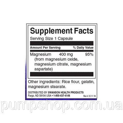 Магній Swanson Triple Magnesium Complex 400 мг 100 капс., фото 3