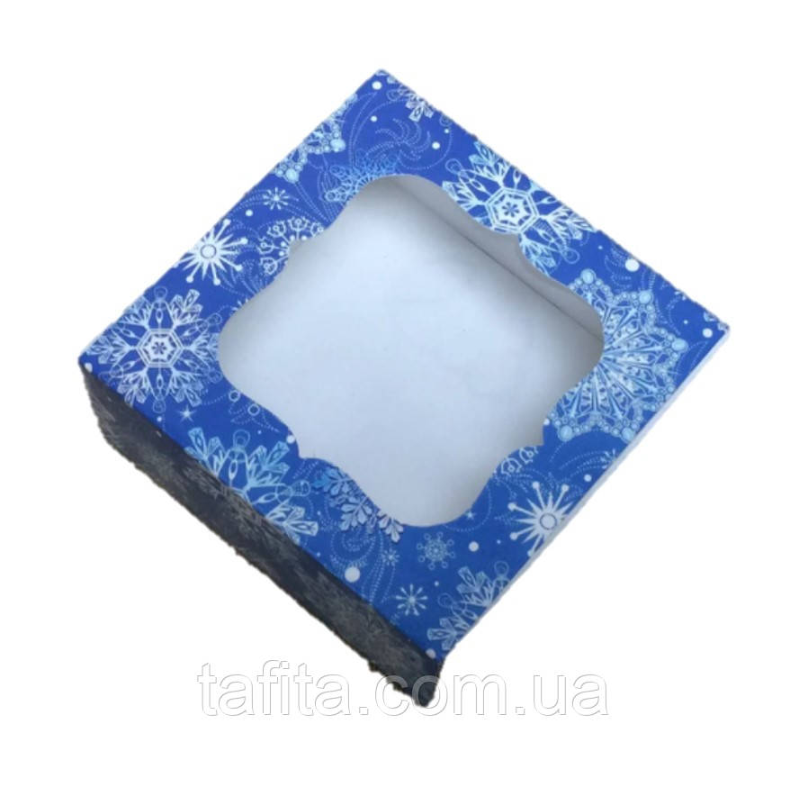Коробка для пряників 8х8х3,5 см Сніг синій, фото 1
