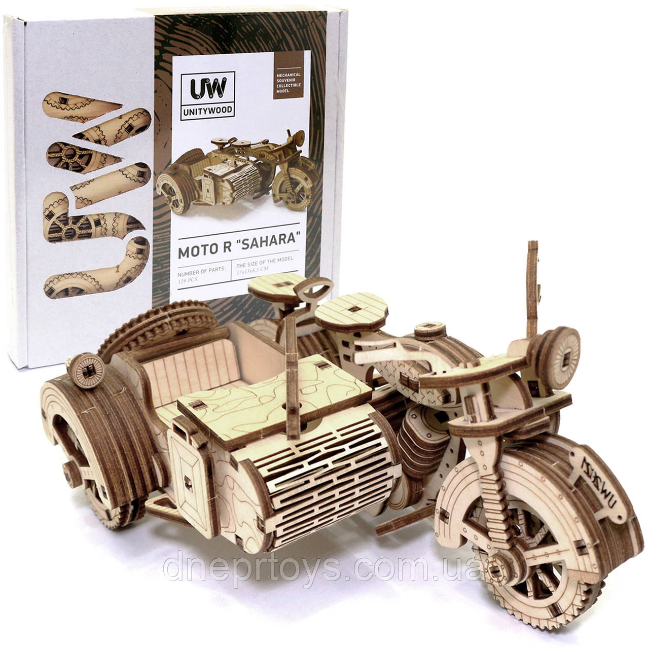 Дерев'яний конструктор Мотоцикл з коляскою UnityWood «Moto R Sahara» 3D пазл 129 деталей 17*13*8 см (UW-005)