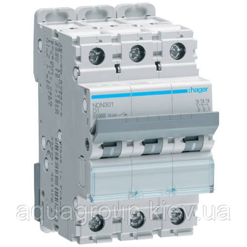 Hager Автоматичний вимикач Hager NDN301 3-полюсний 10kA In=1А тип D
