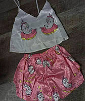 Жіноча піжама літня (майка + шорти), шовкова піжамка жіноча з єдинорогом