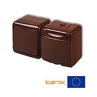 Розетка+выключатель проходной IP54 Karlik JUNIOR 4WGHH-3s коричневый с заземлением (микс горизонтальный)