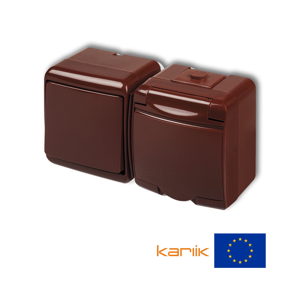 Розетка+вимикач IP54 Karlik JUNIOR 4WGHH-1s коричневий з заземленням кришкою зовнішній (мікс горизонтальний), фото 1