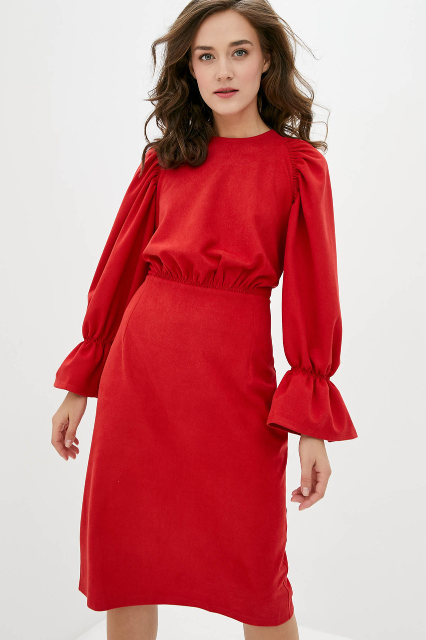 Сукня жіноча демісезонна прямого силуету з об'ємними рукавами червона Modna KAZKA MKRM2365
