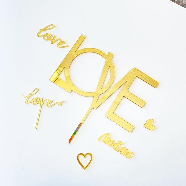 Набір топерів для торта "LOVE", дзеркальний золотий акрил 3 мм