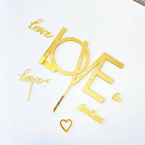 Набір топерів для торта "LOVE", дзеркальний золотий акрил 3 мм, фото 1