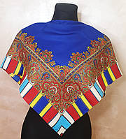 Женский платок в украинском стиле с разноцветными полосками по краям. 80х80 см. Синий