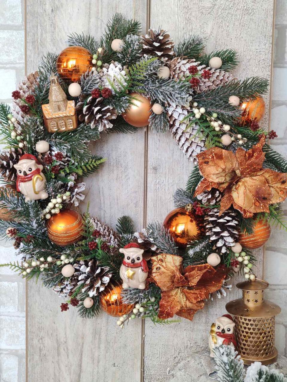 Новорічний віночок Совушки в лісу, діам. вінка 45-50 см, вінок на Різдво, фото 1