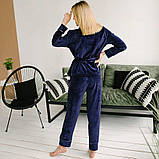 Жіноча піжама тепла велюрова з довгим рукавом. Тепла піжама плюшева, оксамитова, р. S (синя), фото 2