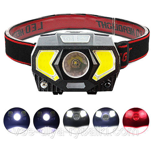 Фонарь на лоб W-7707/JQ-2201-XPE-2COB(red)+ 1LED(blue) датчик движения, вело крепление, ЗУ micro USB, аккум. - фото 1 - id-p227047119