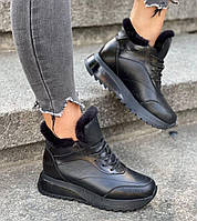 Зимние женские ботинки сникерсы кроссовки на меху кожаные бежевые черные белые,Черевики жіночі зимові шкіряні