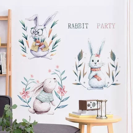 Наклейка на в дитячу на стіни, шафу, меблі "3 зайця-кролики Rabbit Party" (лист 60*90см)