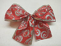 Бантик новогодний красный для украшения подарков 13 на 8 см 1 шт с глитером