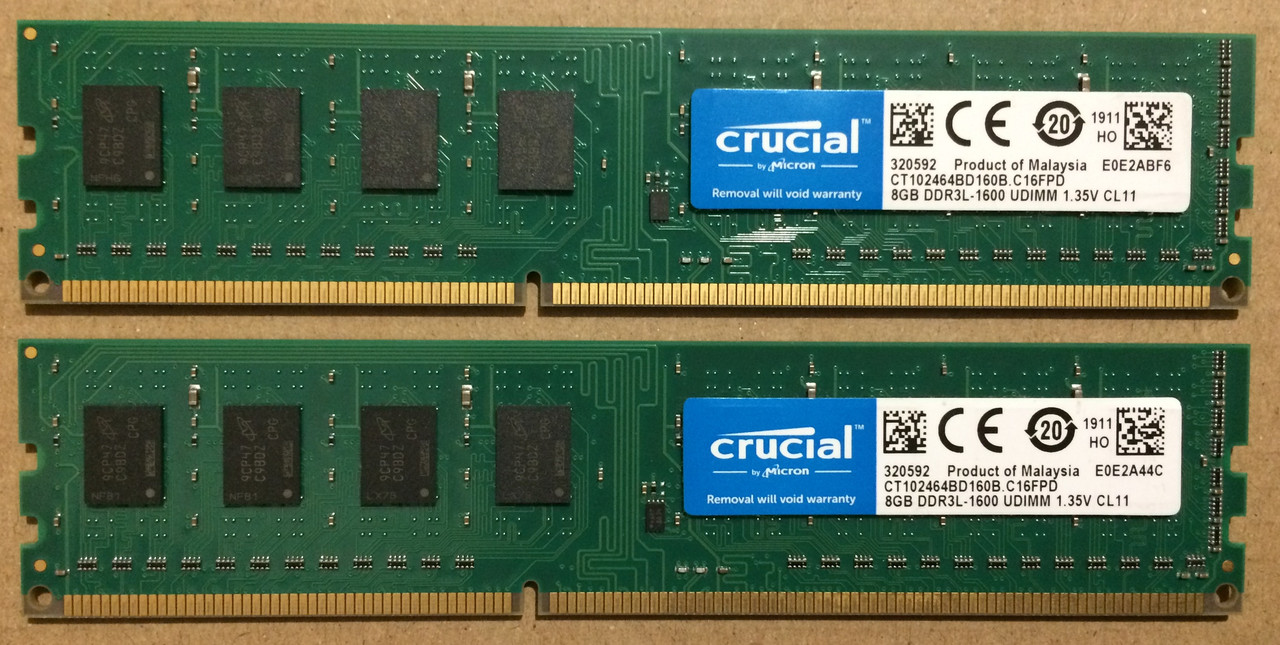 16GB 2x8GB DDR3L 1600MHz Crucial PC3L 12800U RAM Оперативна пам'ять CL11 DDR3 CT102464BD160B