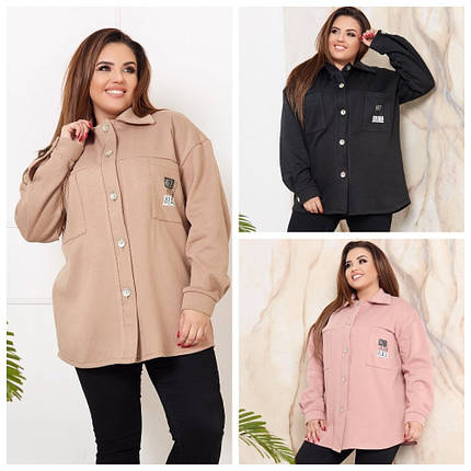 Вільна жіноча однотонна сорочка з трехнити на флісі великих розмірів, фото 1