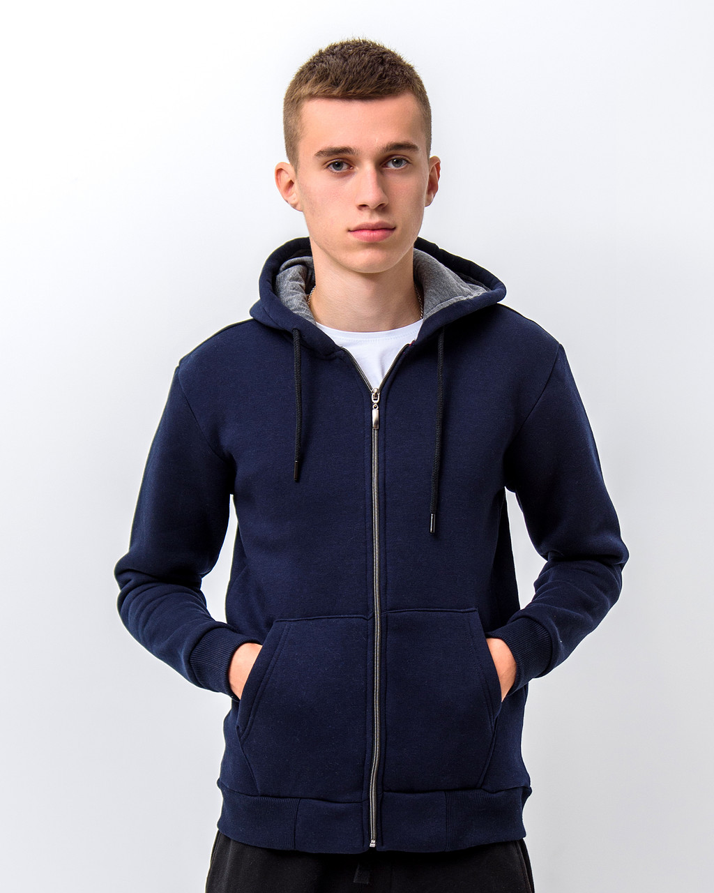 Чоловіче базове худі з начосом на блискавці, темно-синього кольору. Розміри: S,M,L,XL,XXL. - фото 1 - id-p1505047234