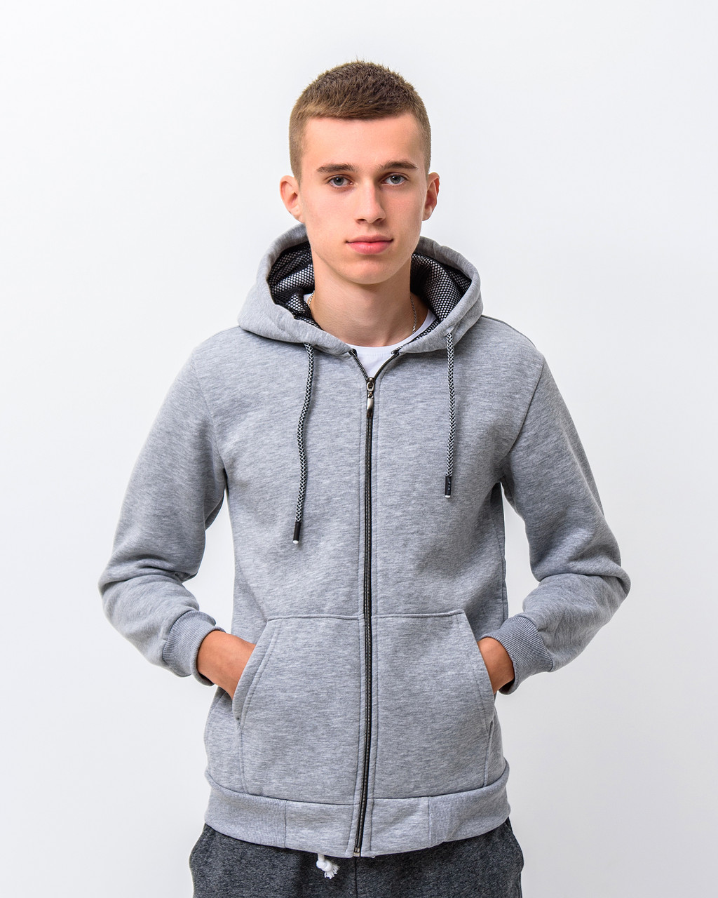 Чоловіче базове худі з начосом на блискавці, світло-сірого кольору. Розміри: S,M,L,XL,XXL. - фото 1 - id-p1505049744