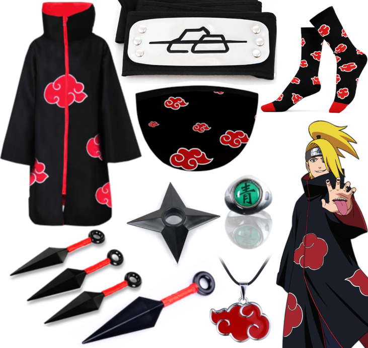 Набір Дейдари з аніме Наруто:Плащ Акацукі + Пов'язка + Кільце + Маска + Шкарпетки + Кулон + Кунаї + Сюрікен, фото 1