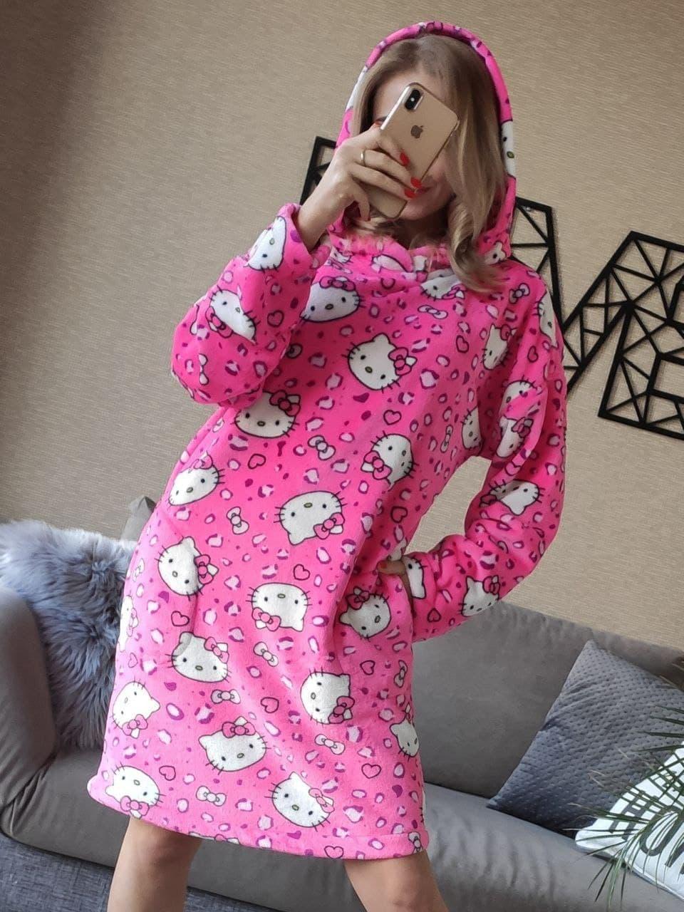 Тепла жіноча домашня туніка рожева кити, фото 1