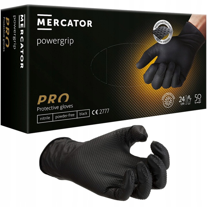 Нітрилові рукавички Супер міцні чорні Powergrip XL .Mercator Medical (50шт/25пар)