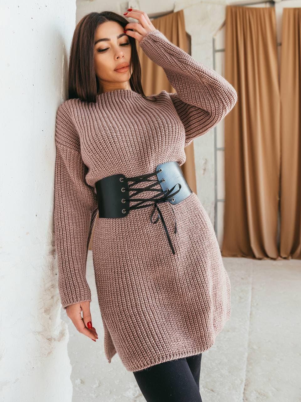 Вязаная Теплая Туника Свободного Кроя с Корсетом Из Экокожи на Талии (р ...