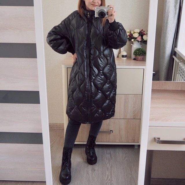 Пуховик женский теплый длинный зимний на био пухе. Куртка пальто стеганая, размер M (черный) - фото 3 - id-p1504389584