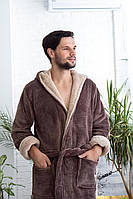 Мужской махровый халат с капюшоном банный халат коричневый