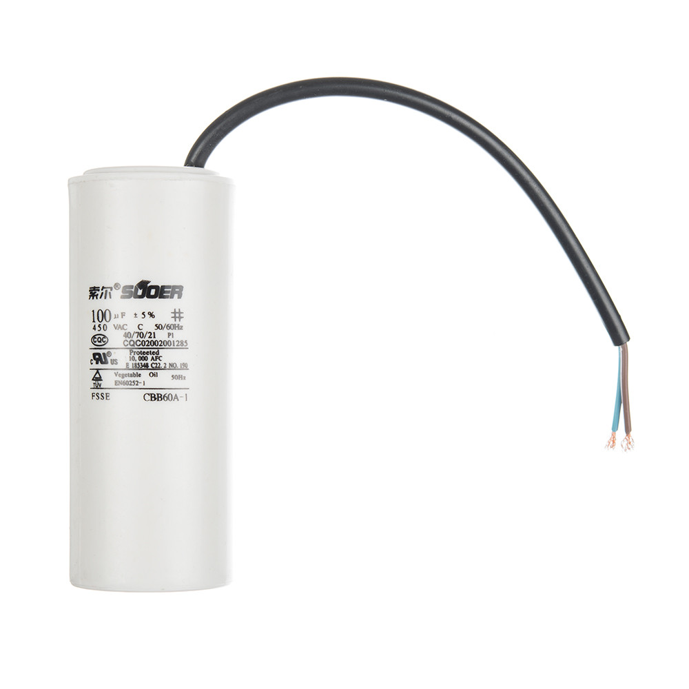 Конденсатор пусковий CBB60 100uF 450VAC 5% 122.5x48.6mm з дротом