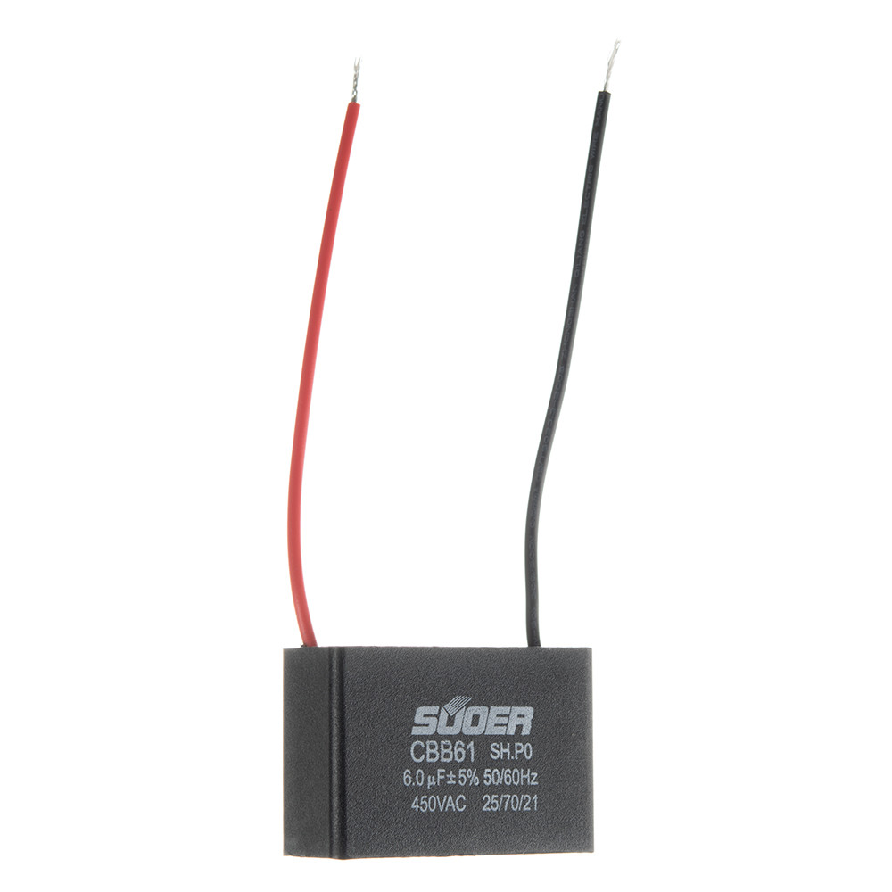Конденсатор пусковий CBB61 6.0uF 450VAC 5% 47.8x33.0x20.3mm з дротом
